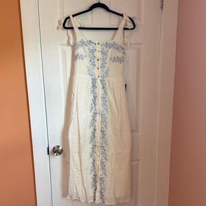 Lulu's Cream and Blue Embroidered Midi Dress